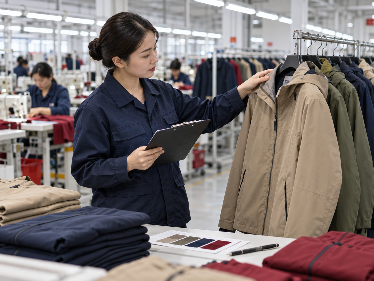 Factory quality inspector reviewing finished apparel