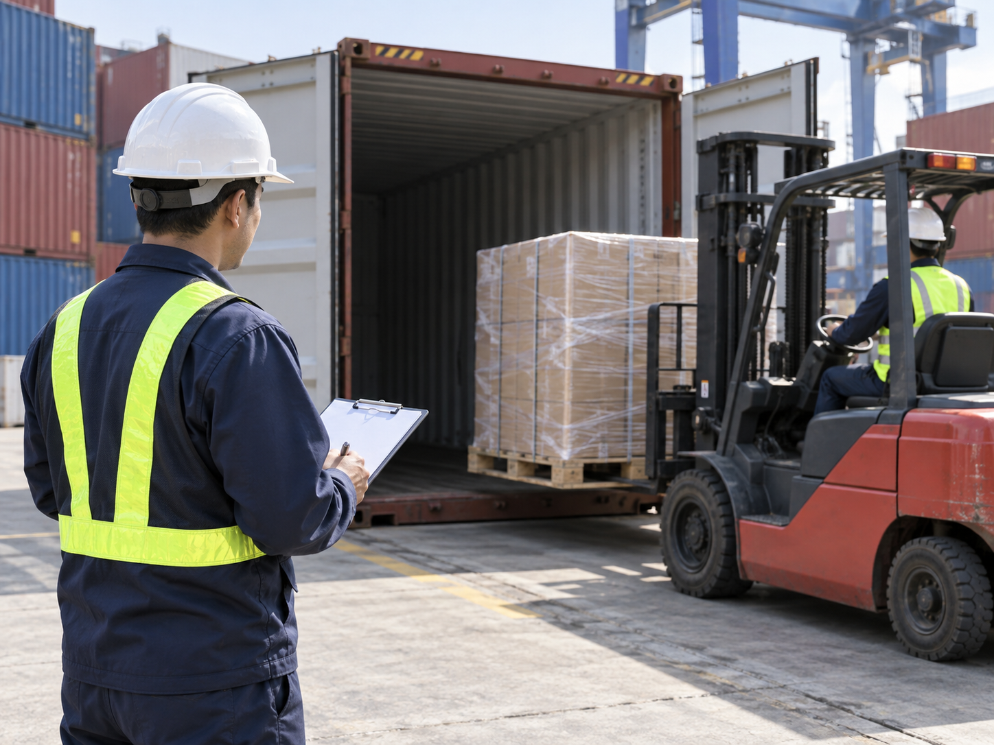 Inspector supervising forklift loading of palletized cargo