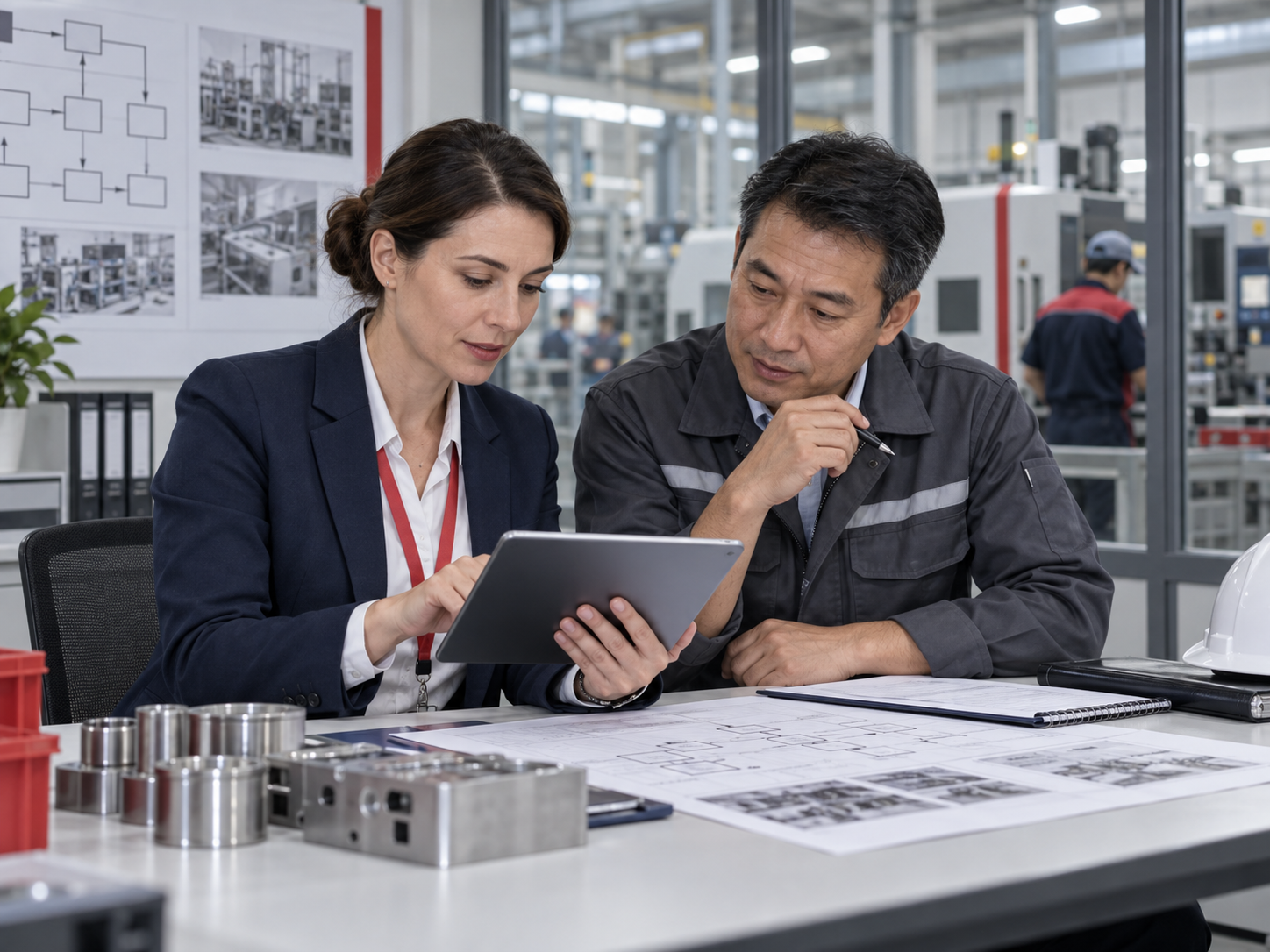 Auditor and factory manager reviewing manufacturing systems