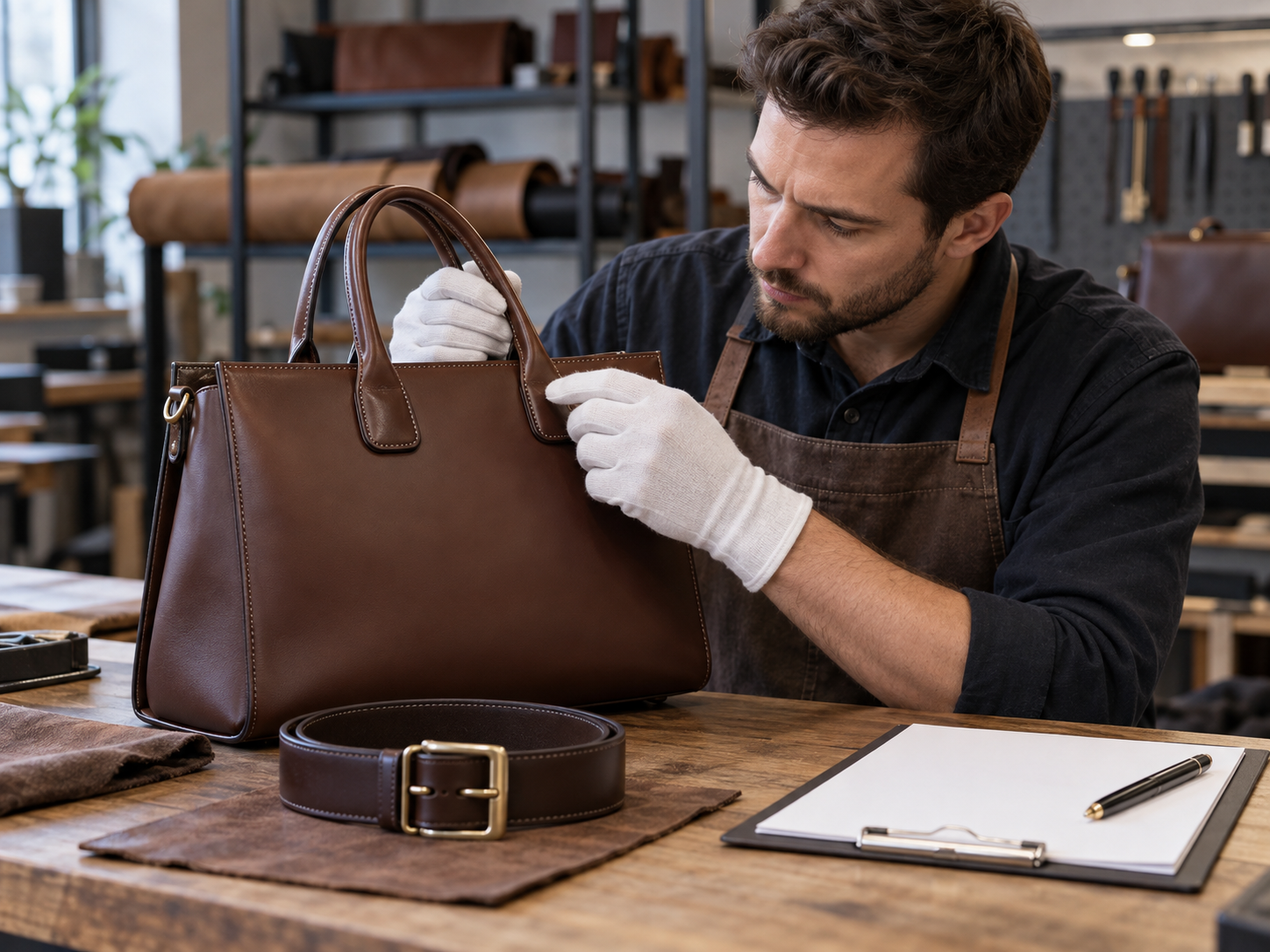 Leather product stitching, edge finishing, and hardware inspection